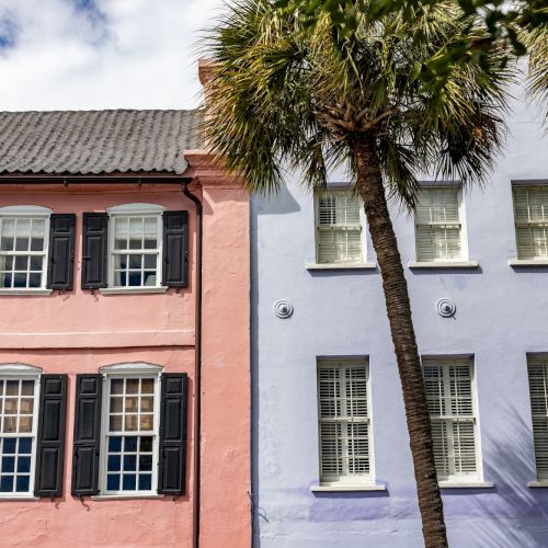 Colorful row houses in pink, purple, and teal with black shutters and a tall palm tree in front, sunny sky above.