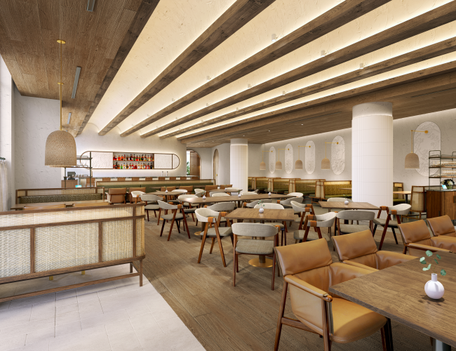 A modern restaurant interior with wooden tables, cushioned chairs, ceiling lights, and a bar area in the background.