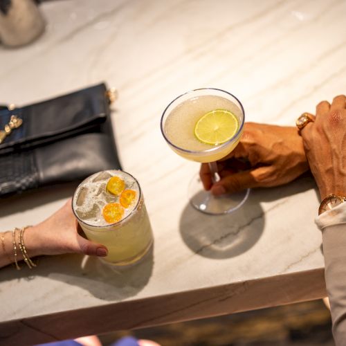 Two people clink cocktails at a counter: a pale drink with ice and lemon on the left, and a martini with a lemon twist on the right.