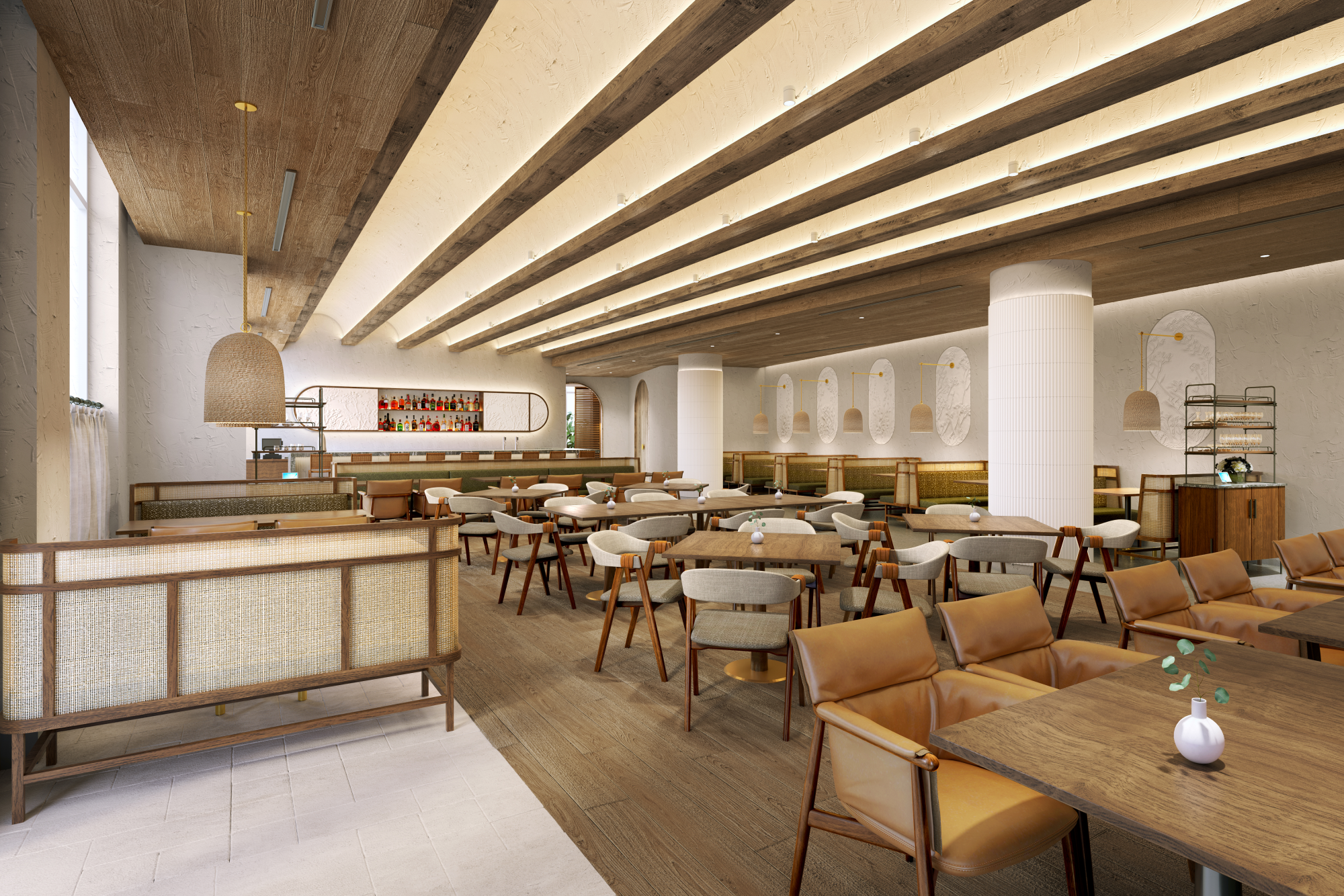 The image shows a modern dining area with wooden tables, chairs, soft lighting, and a bar in the background.