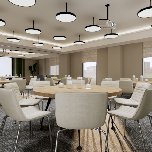 The image shows a modern conference room with round tables, chairs, ceiling lights, a large screen with "Live" text, and plants by the windows.