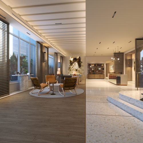 A modern interior with seating, large windows, wooden floors, and stylish lighting. A minimalist design creates an inviting atmosphere.