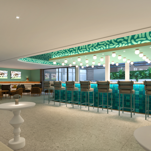 A modern bar interior with teal accents, high chairs, decorative lighting, and seating areas, creating a sleek and inviting atmosphere.