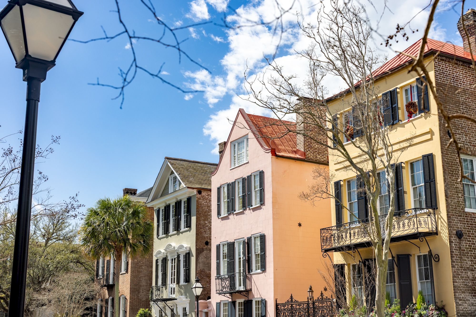 Colorful row of townhouses with gabled roofs, palm tree, leafless trees, blue sky, and a streetlamp in the foreground, sunny neighborhood scene.