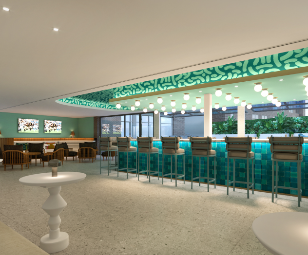 This image shows a modern, stylish bar with high stools, illuminated decor, and tables, creating a bright and inviting atmosphere.