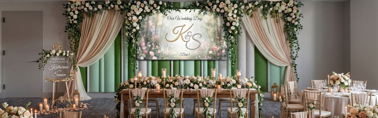 Elegant wedding hall with floral arch, draped backdrop, warm chandeliers, candles, and dining tables set for the ceremony.