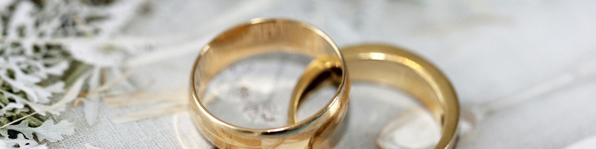 Two gold wedding rings resting on light fabric with soft-focus leaves in the background.