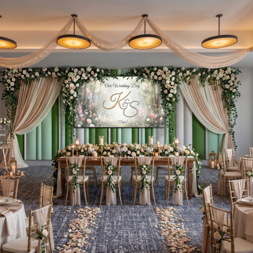 Elegant wedding reception setup with floral arches, draped lights, candles, and a decorated stage for dining and celebration.